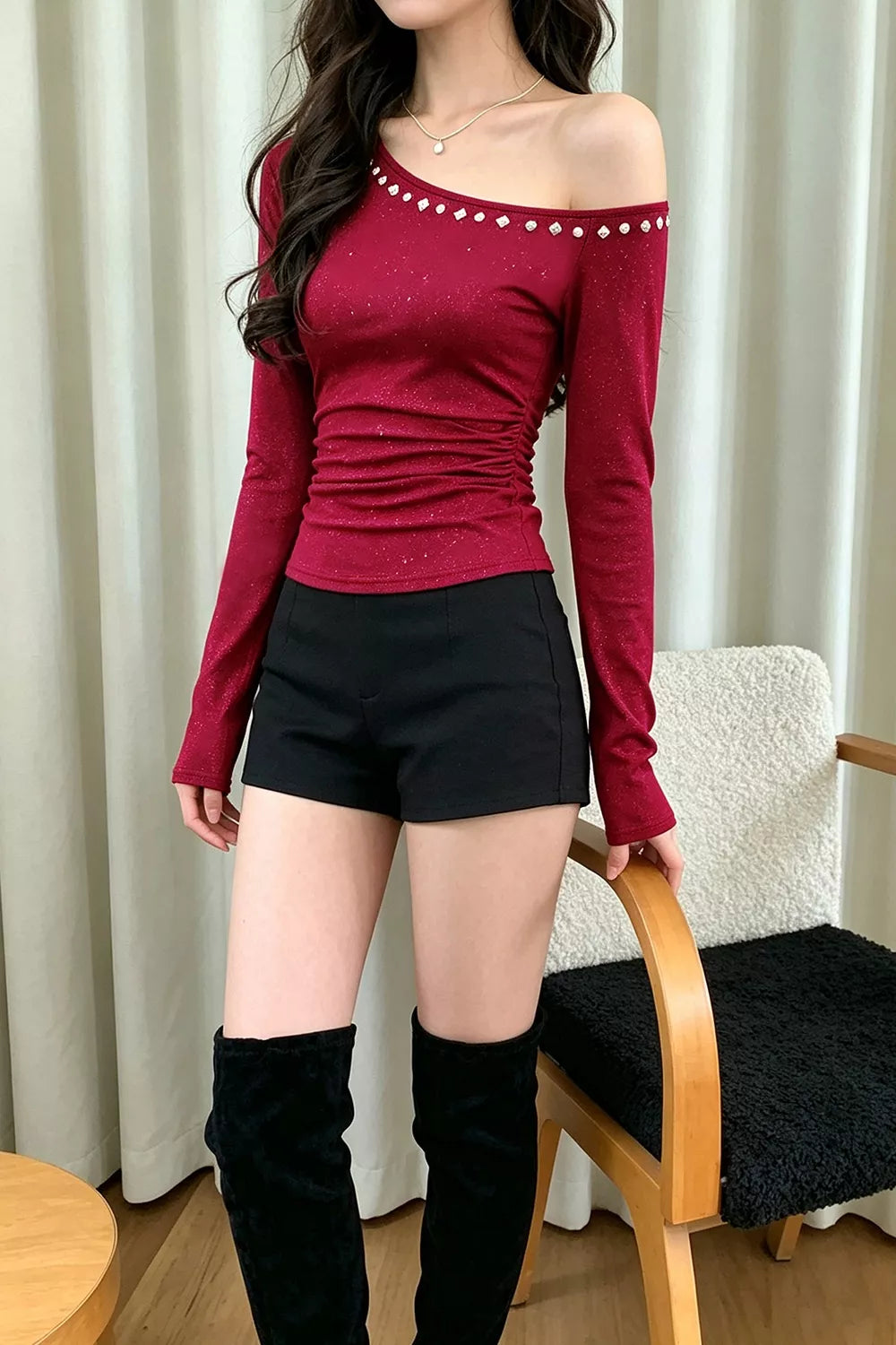 Glitter One Shoulder Slim Fit Top