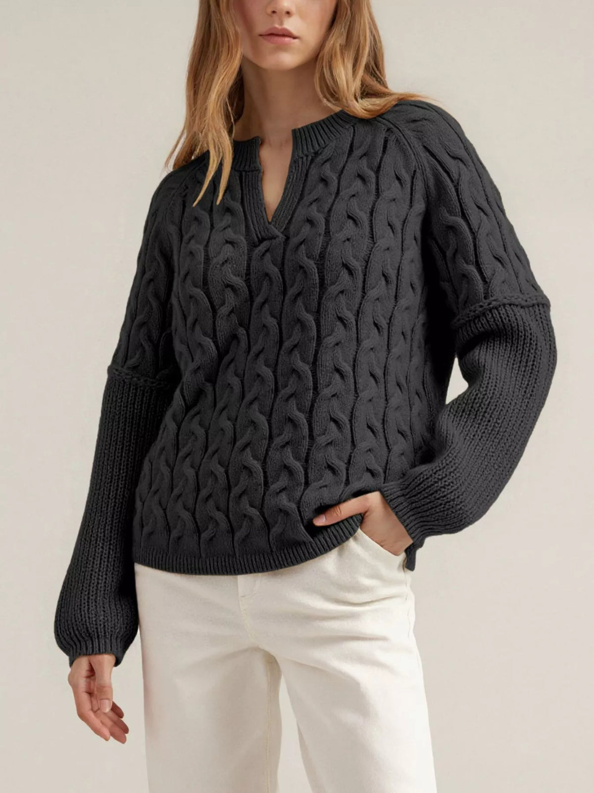 Cable-Knit Dropped Shoulder Sweater - Lilixa.store