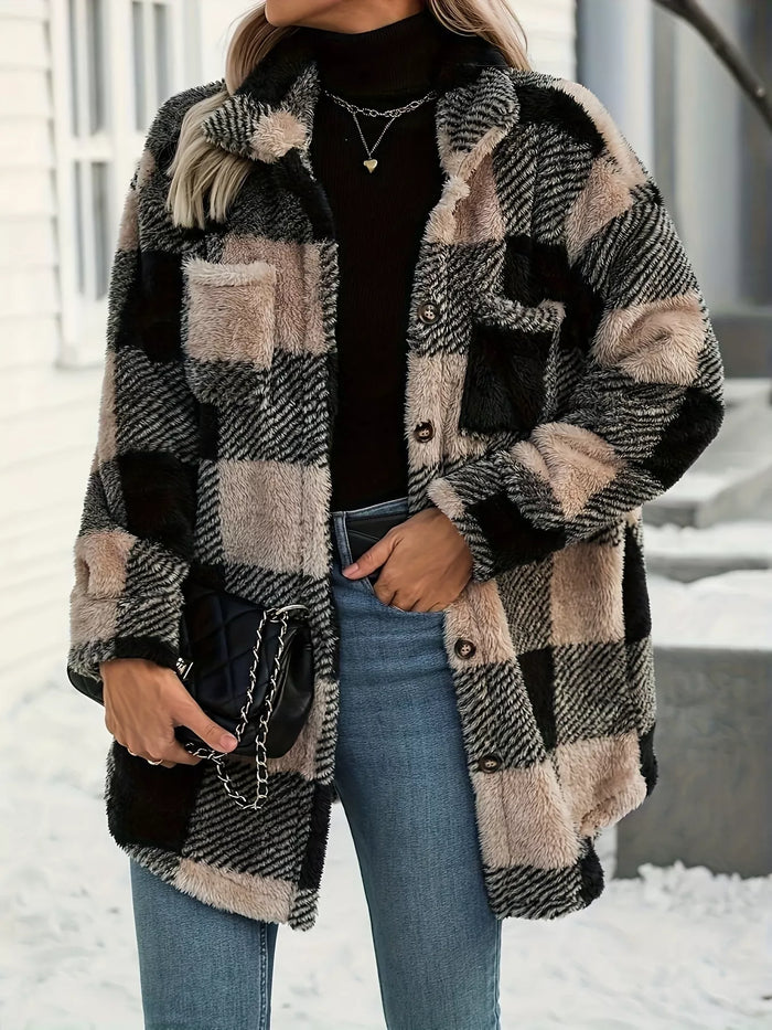 Plaid Fleece Button-Down Outerwear in Black