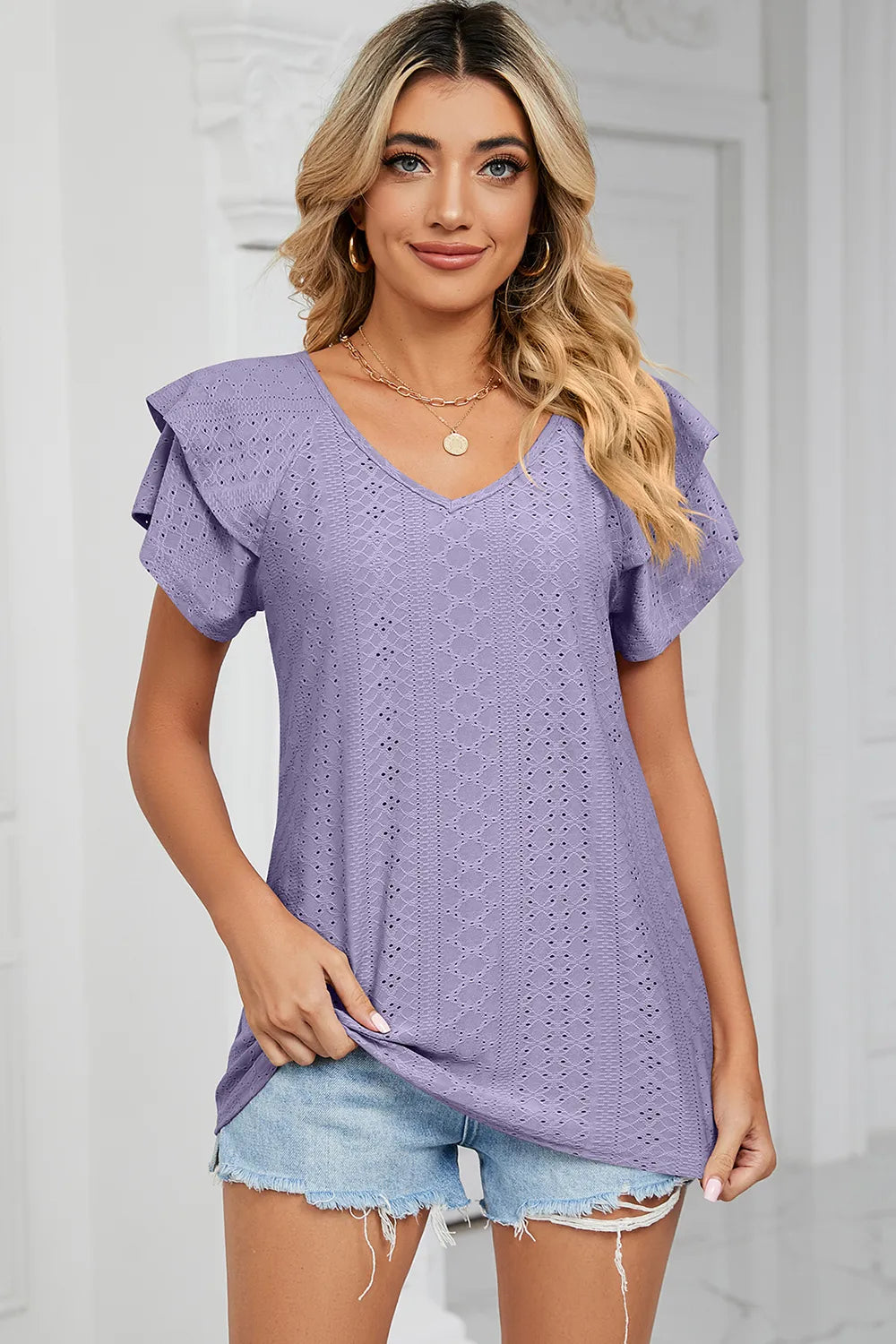 Eyelet V-Neck Short Sleeve T-Shirt - Lilixa.store