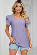 Eyelet V-Neck Short Sleeve T-Shirt - Lilixa.store