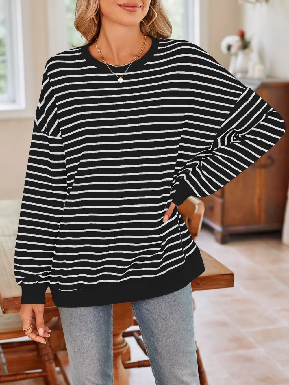 Lovelet Striped Round Neck Long Sleeve Sweatshirt - Lilixa.store