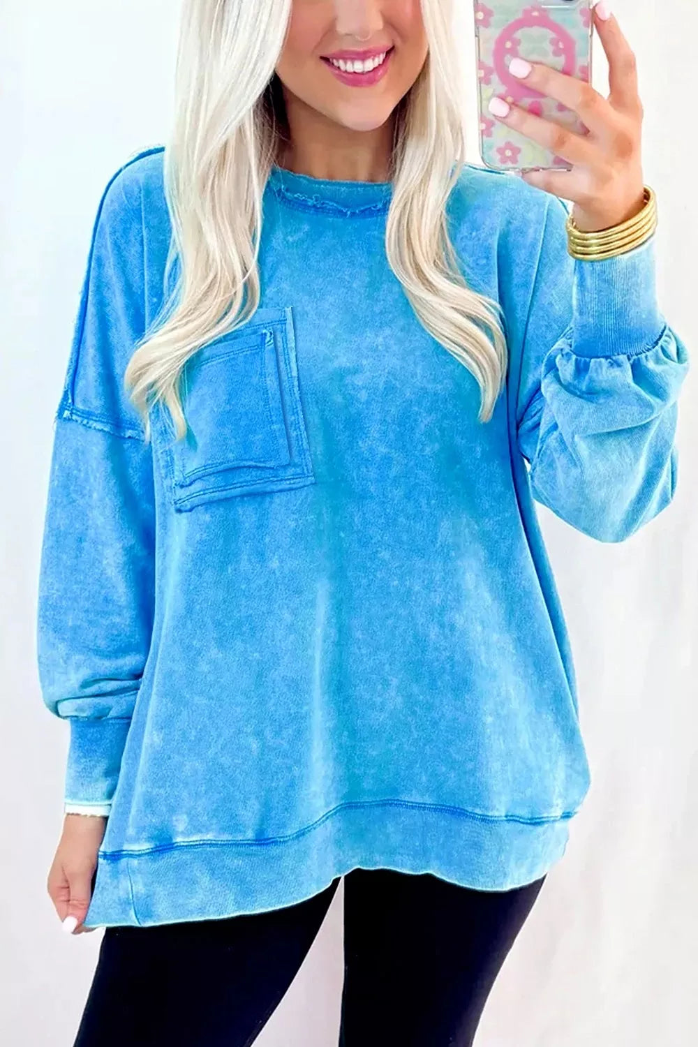 Mineral Wash Oversized Sweatshirt with Chest Pocket in Sky Blue
