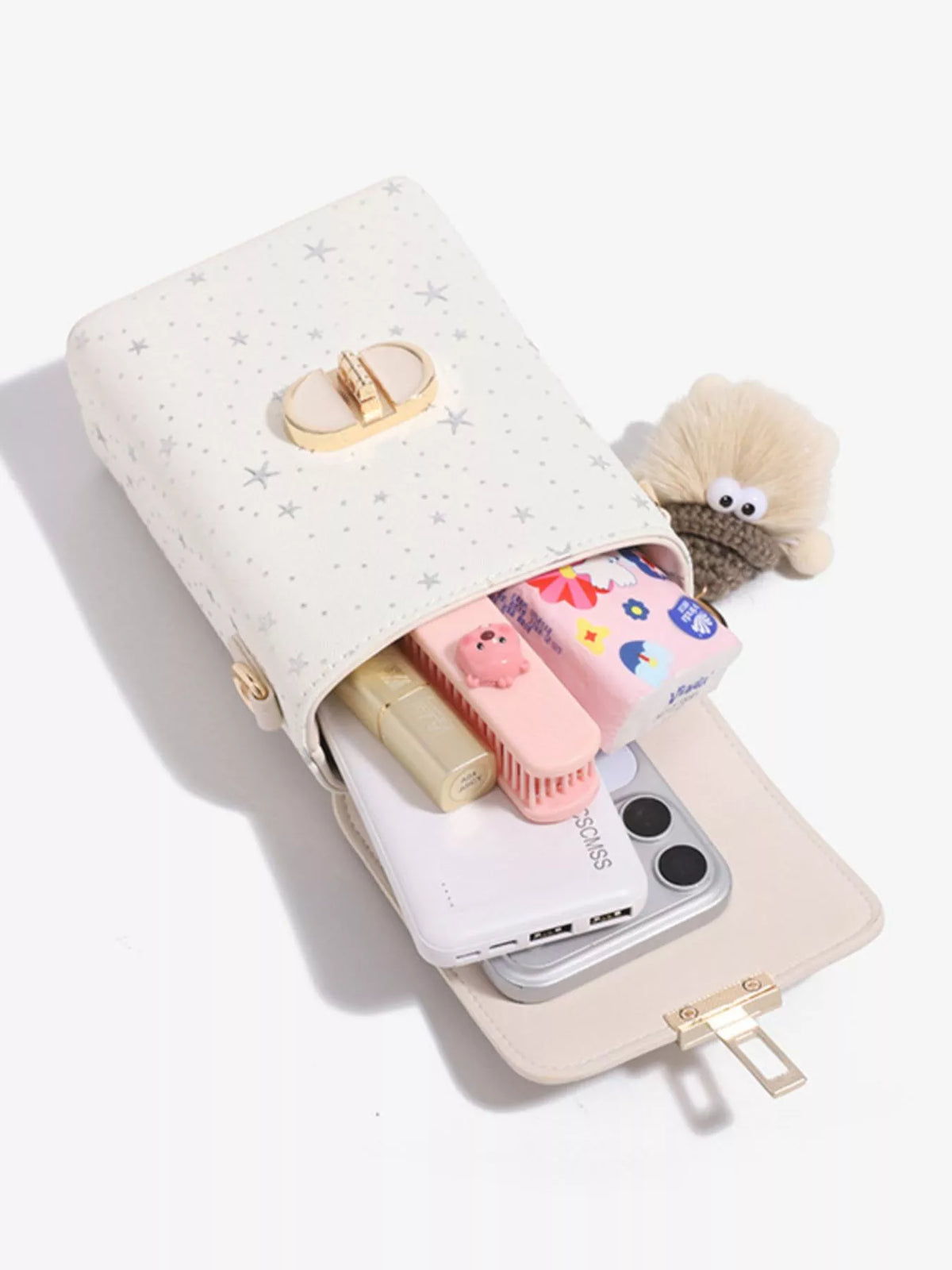 Star-Patterned Mini Crossbody Bag with Plush Charm in White, view 11