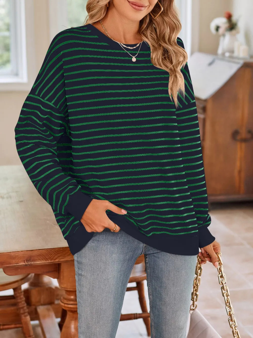 Lovelet Striped Round Neck Long Sleeve Sweatshirt, view 27