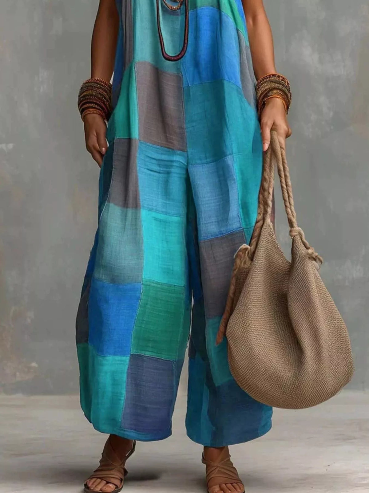 Full Size Plaid Halter Neck Wide-Leg Jumpsuit Plus Size