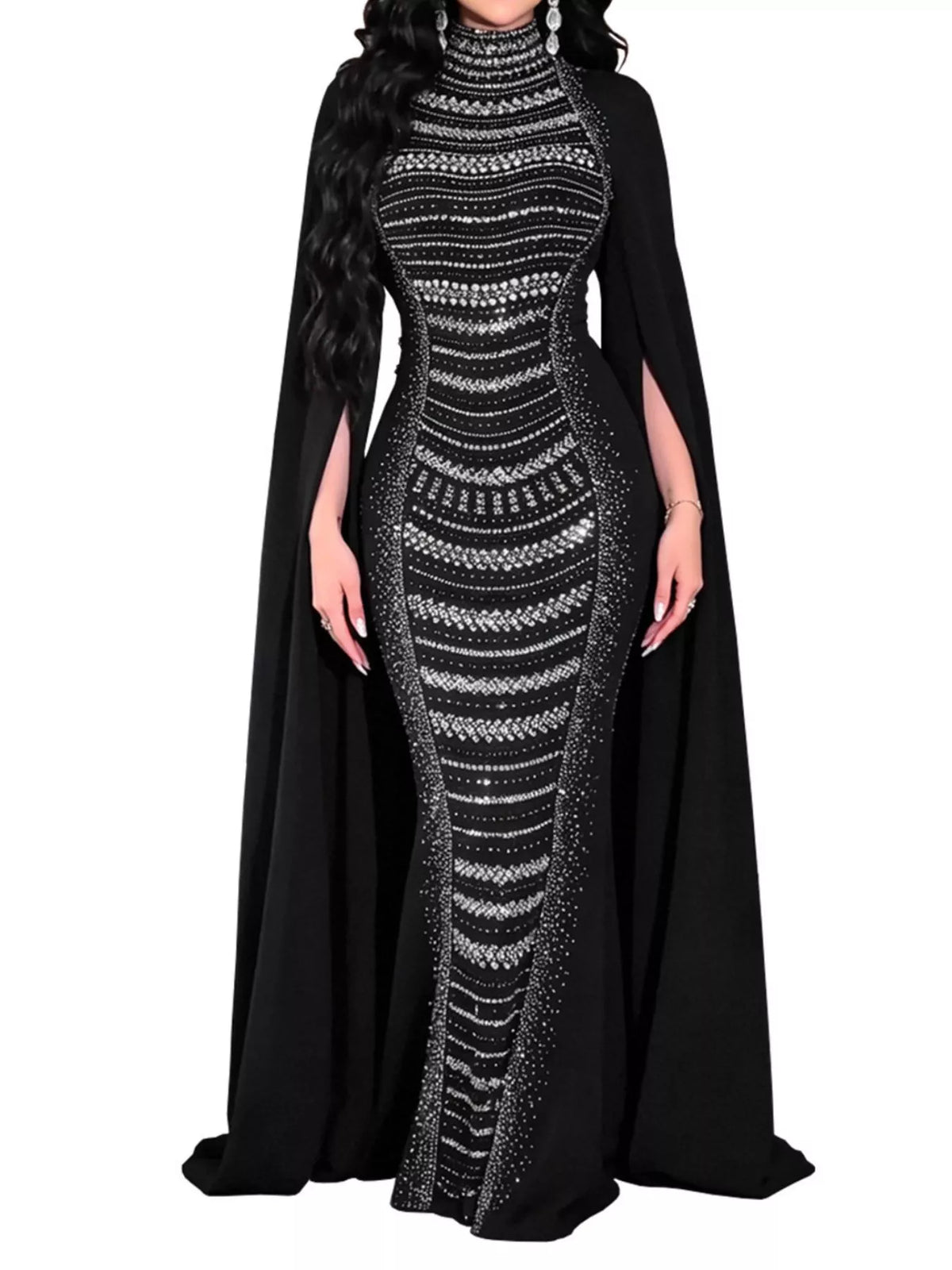 Rhinestone Slit Flare Sleeve Cape Maxi Dress - Lilixa.store