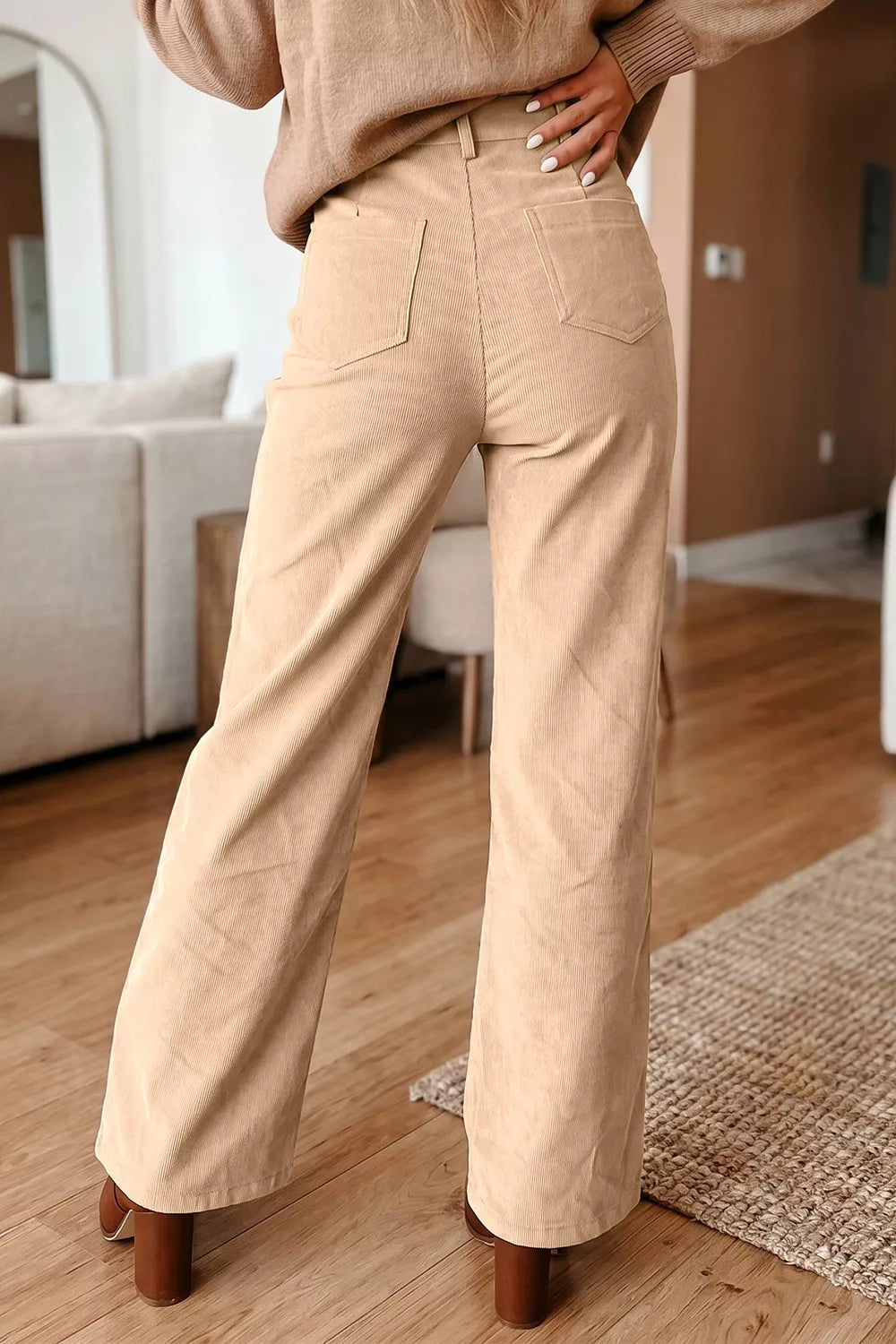 Corduroy Side Panel Colorblock Straight Leg Pants in Tan, view 4