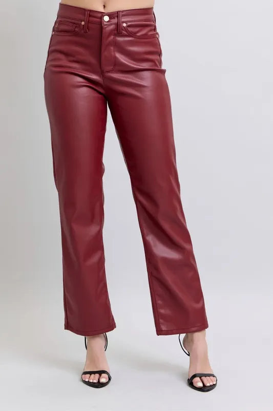 Judy Blue Full Size High Waist Tummy Control Faux Leather Straight Pants Plus Size - Lilixa.store