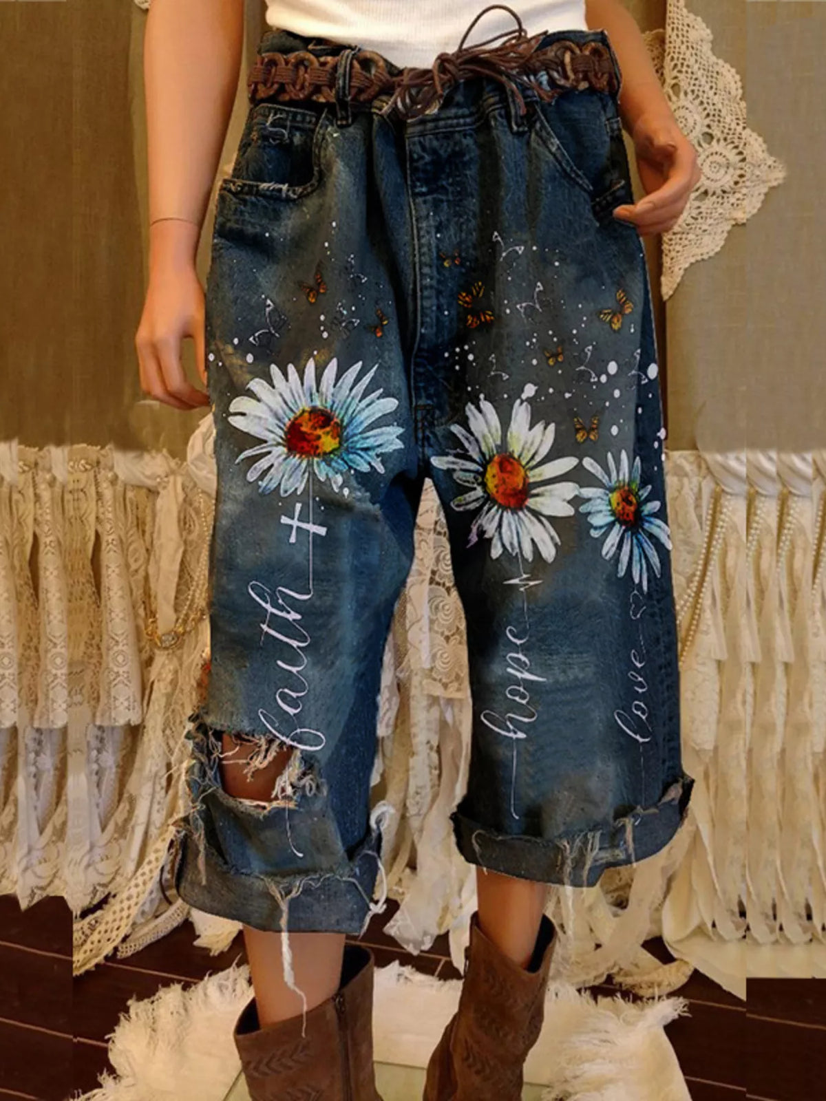 Full Size Floral Distressed Cropped Jeans Plus Size - Lilixa.store