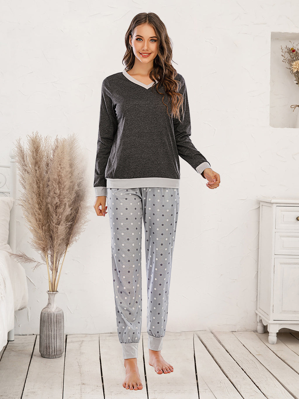 Long Sleeve Top and Polka Dot Pants Set - Lilixa.store