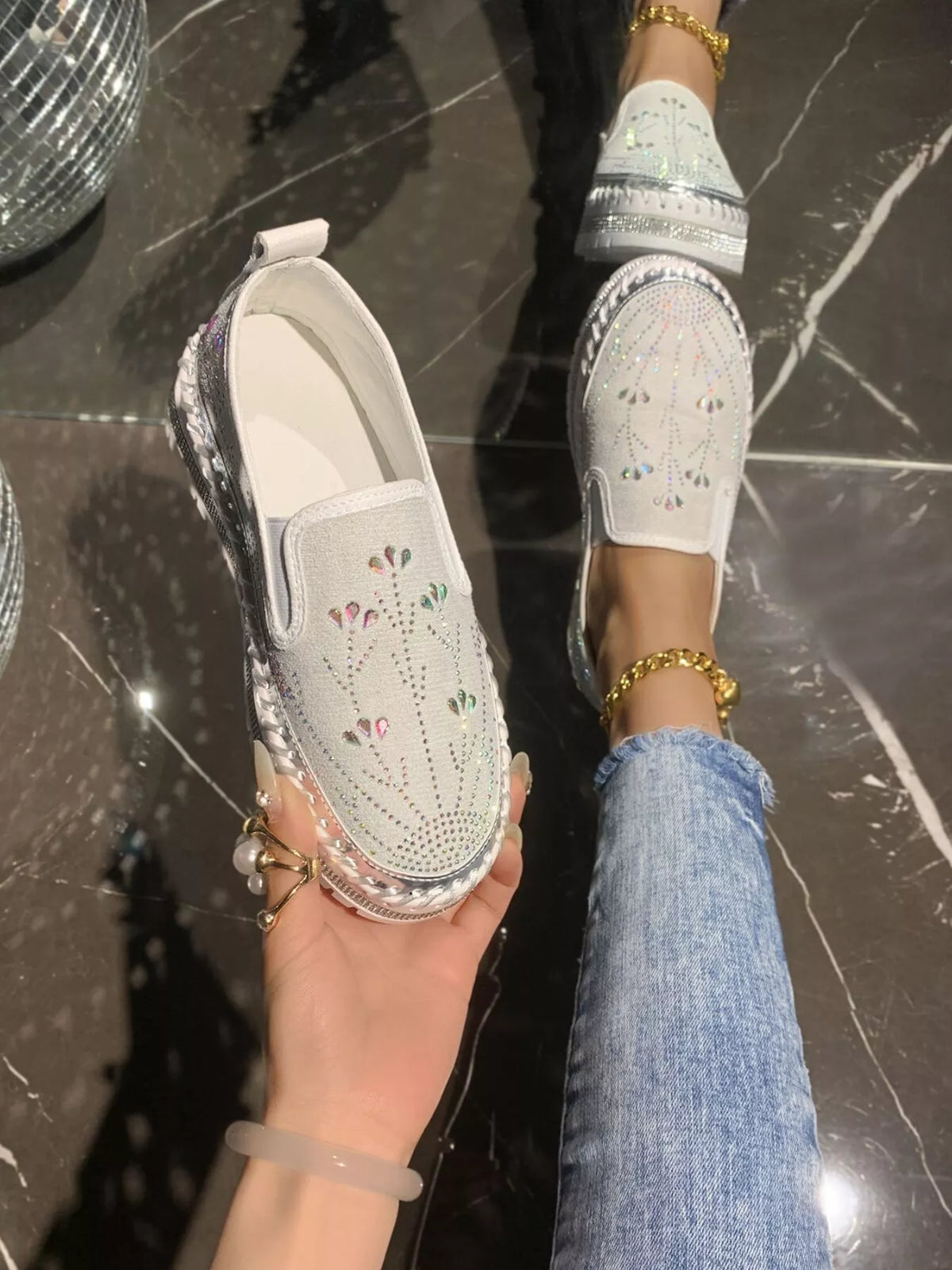 Rhinestone Embellished Platform Loafers, view 9