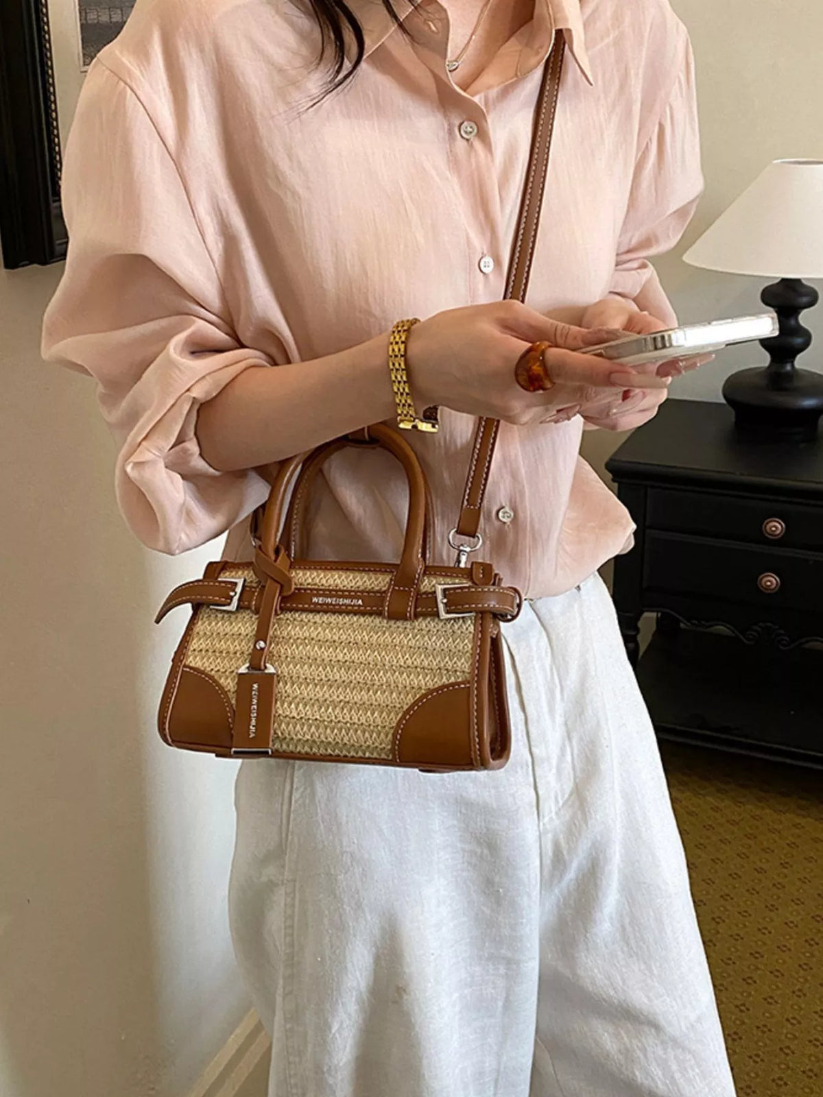 Leather Trim Woven Crossbody Bag