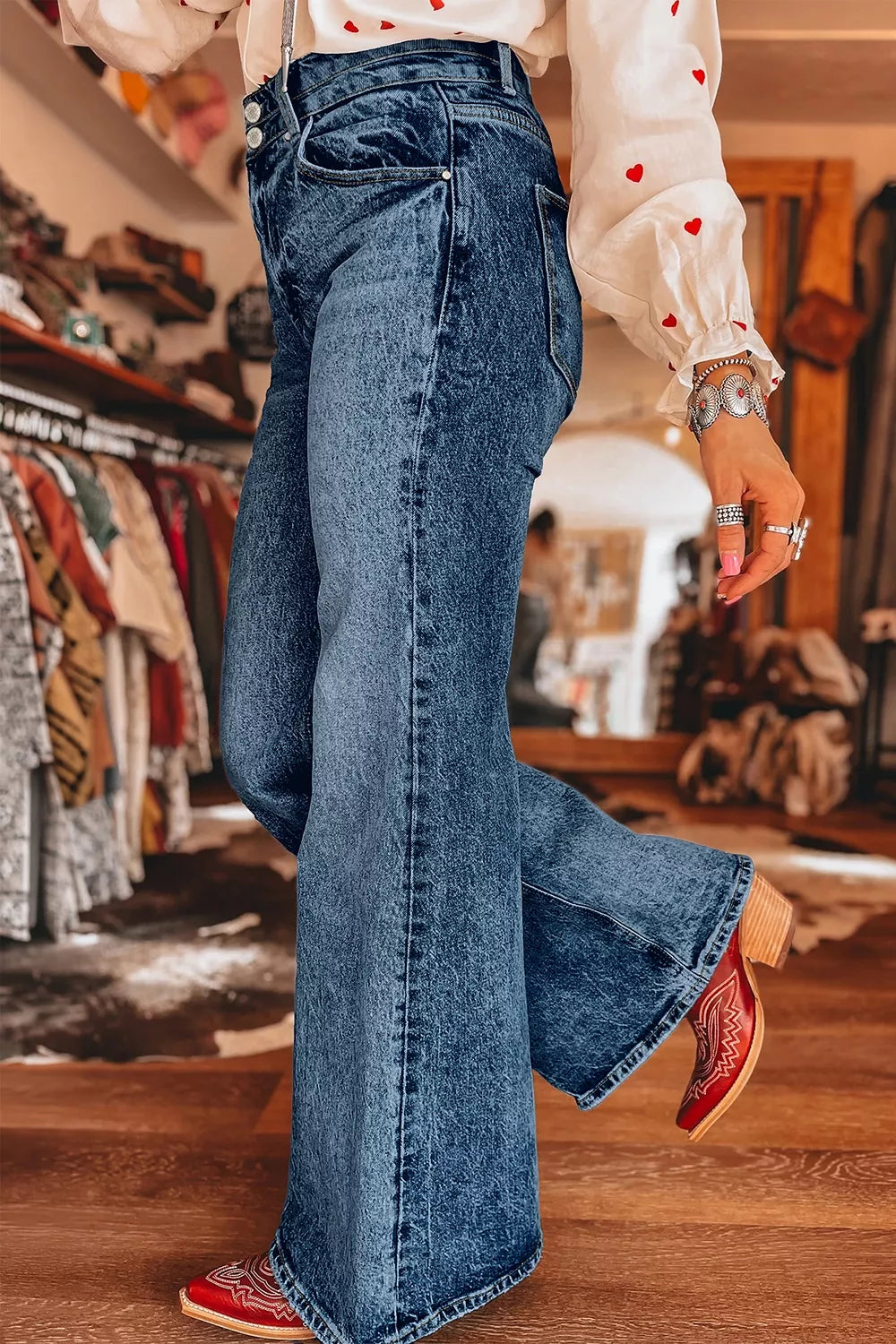 Acid Wash Pocket Detail Flare Jeans - Lilixa.store