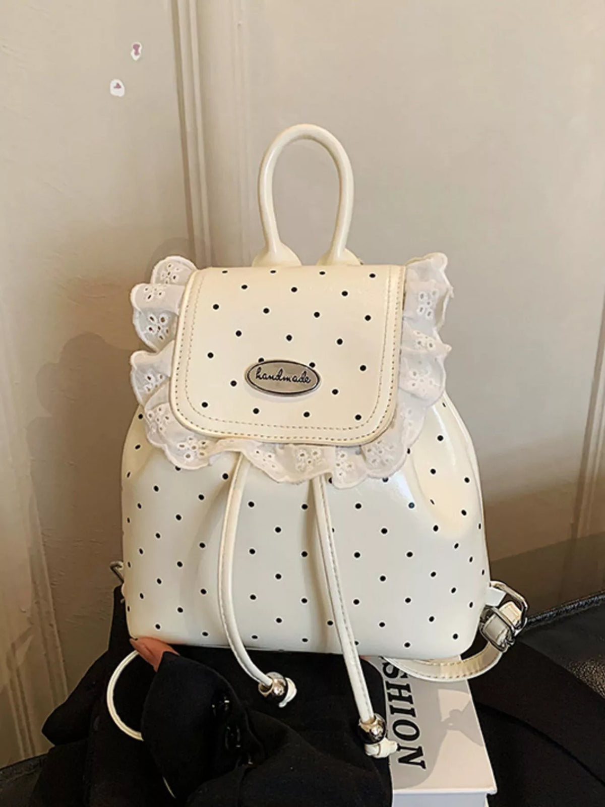 Polka Dot Lace Trim Backpack Bag - Lilixa.store