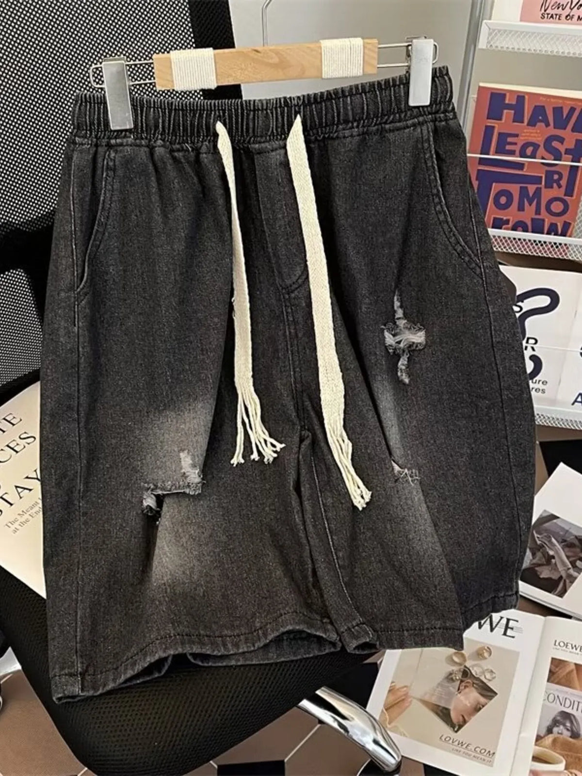 Men's Full Size Distressed Drawstring Denim Shorts Plus Size - Lilixa.store