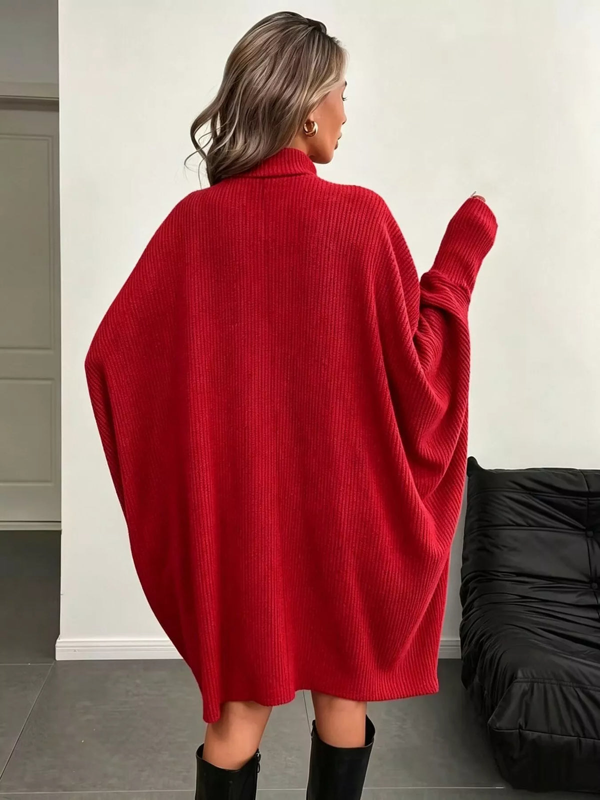 Oversized Batwing Sleeve Ribbed Knit Turtleneck Dress - Lilixa.store