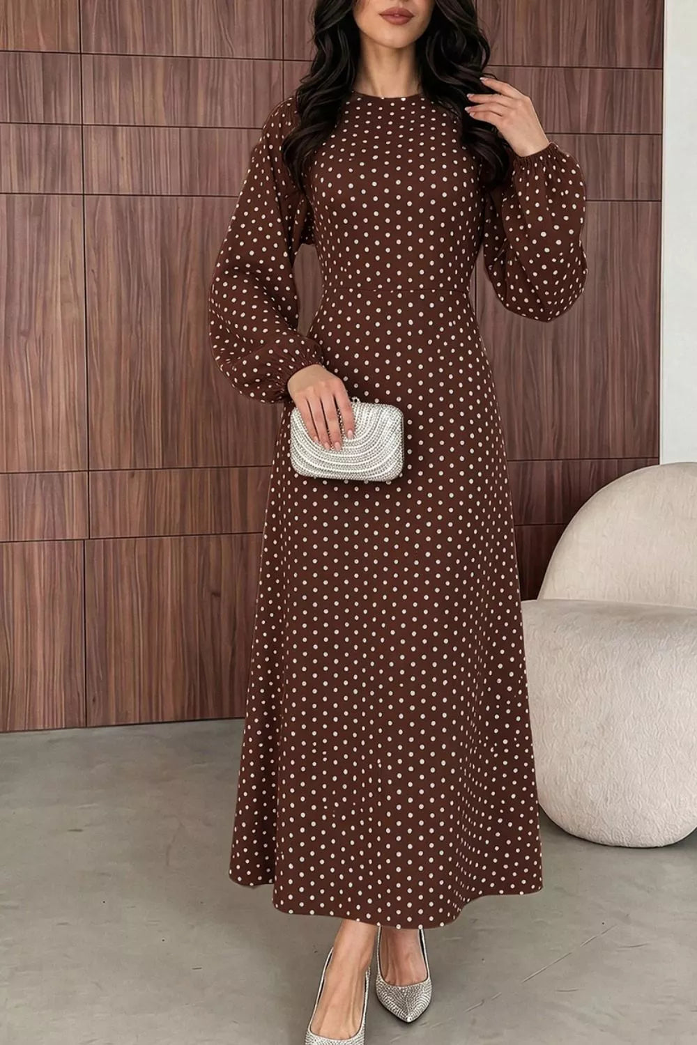 Polka Dot Long Sleeve Maxi Dress - Lilixa.store