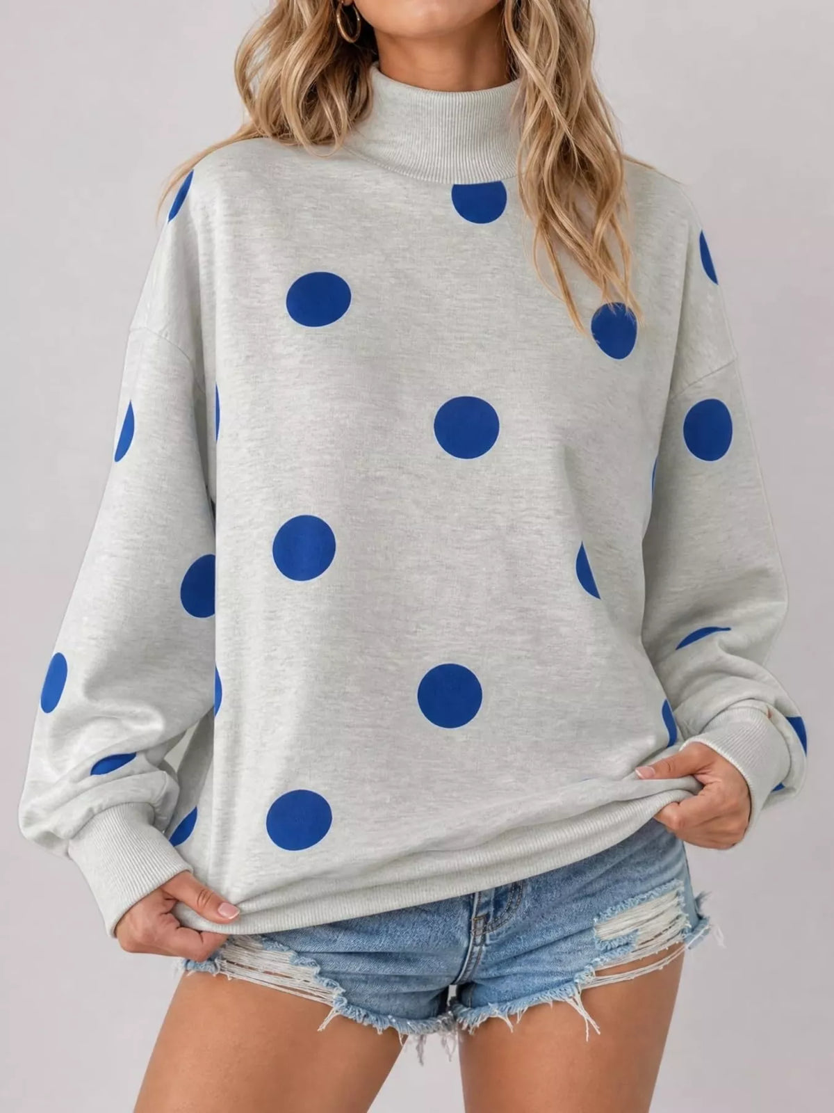 Mock Neck Polka Dot Print Oversized Sweatshirt - Lilixa.store