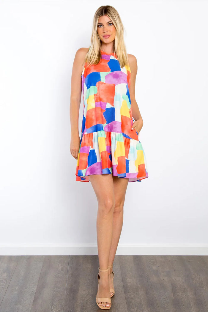 Be Stage Abstract Print Ruffle Hem Mini Dress with Pockets - Lilixa.store