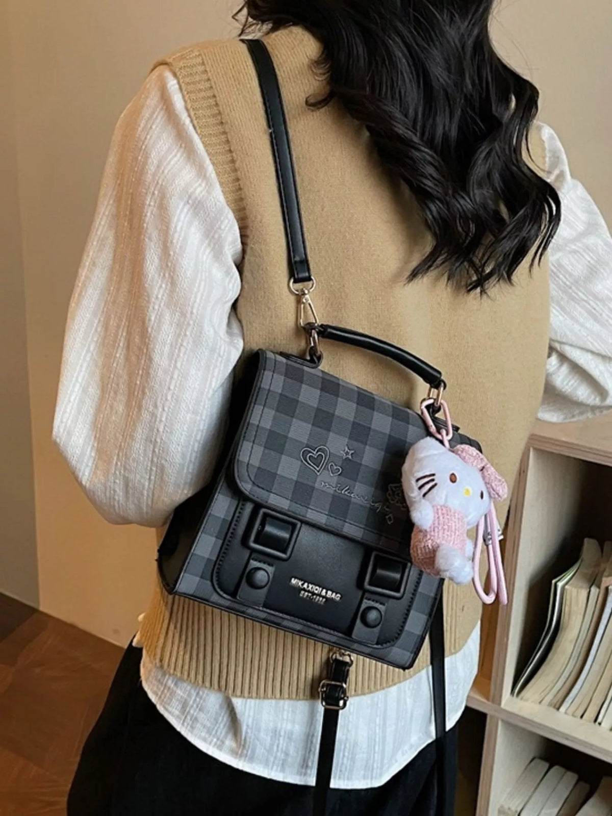Plaid Pattern Embroidered Flap Backpack Bag - Lilixa.store