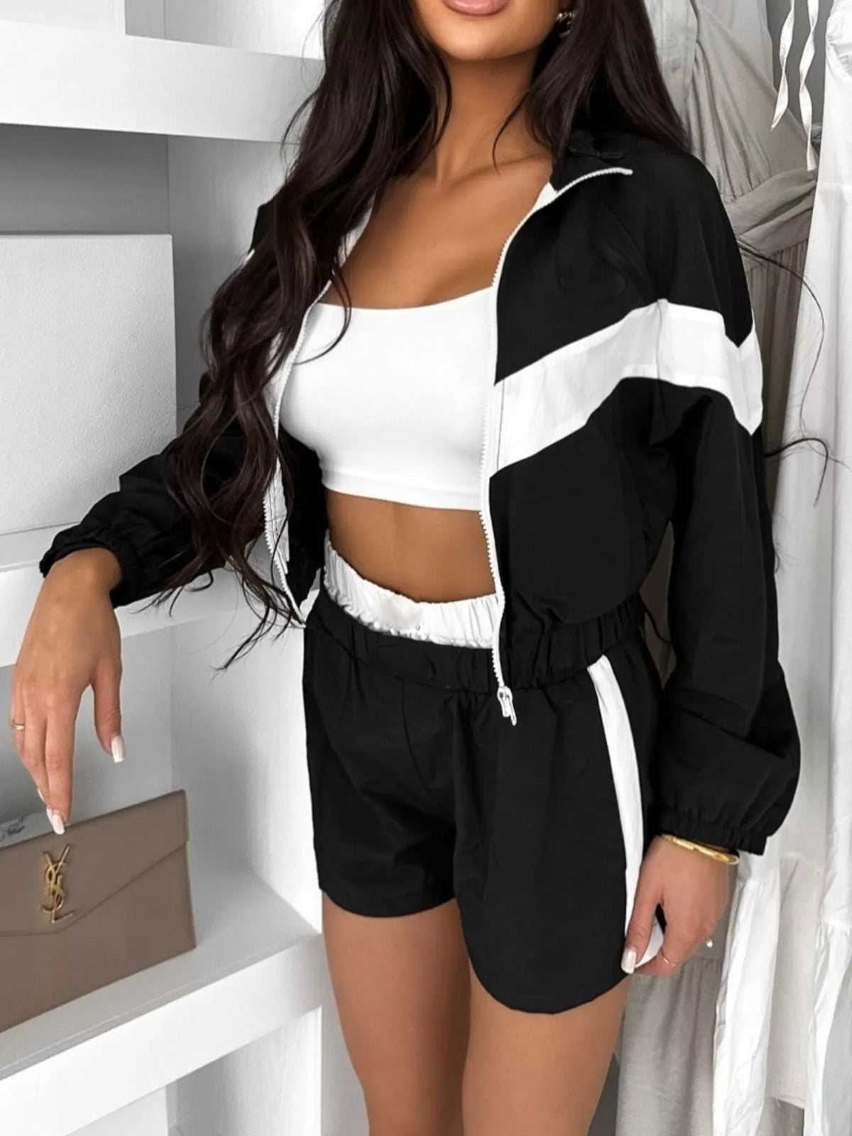Color Block Zip-Up Jacket and Shorts Two-Piece Set - Lilixa.store