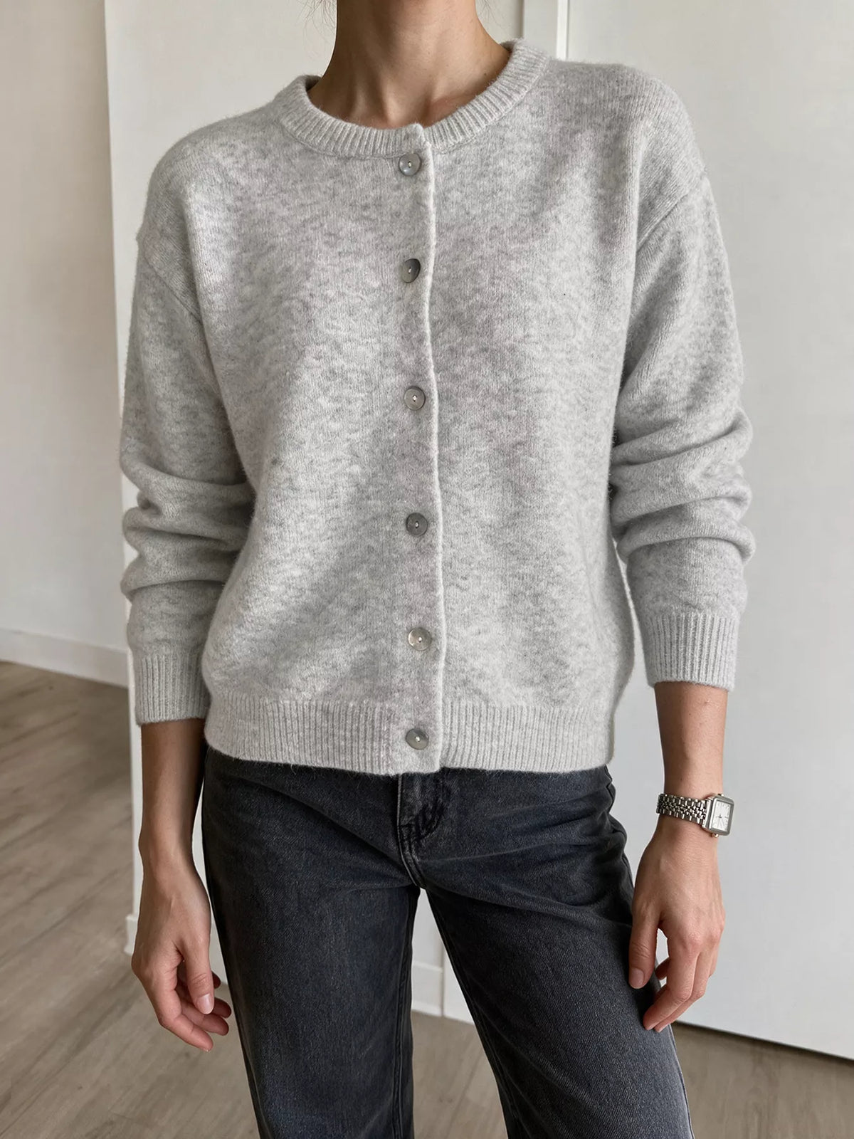 Crew Neck Button-Down Cardigan in Gray/white, view 4