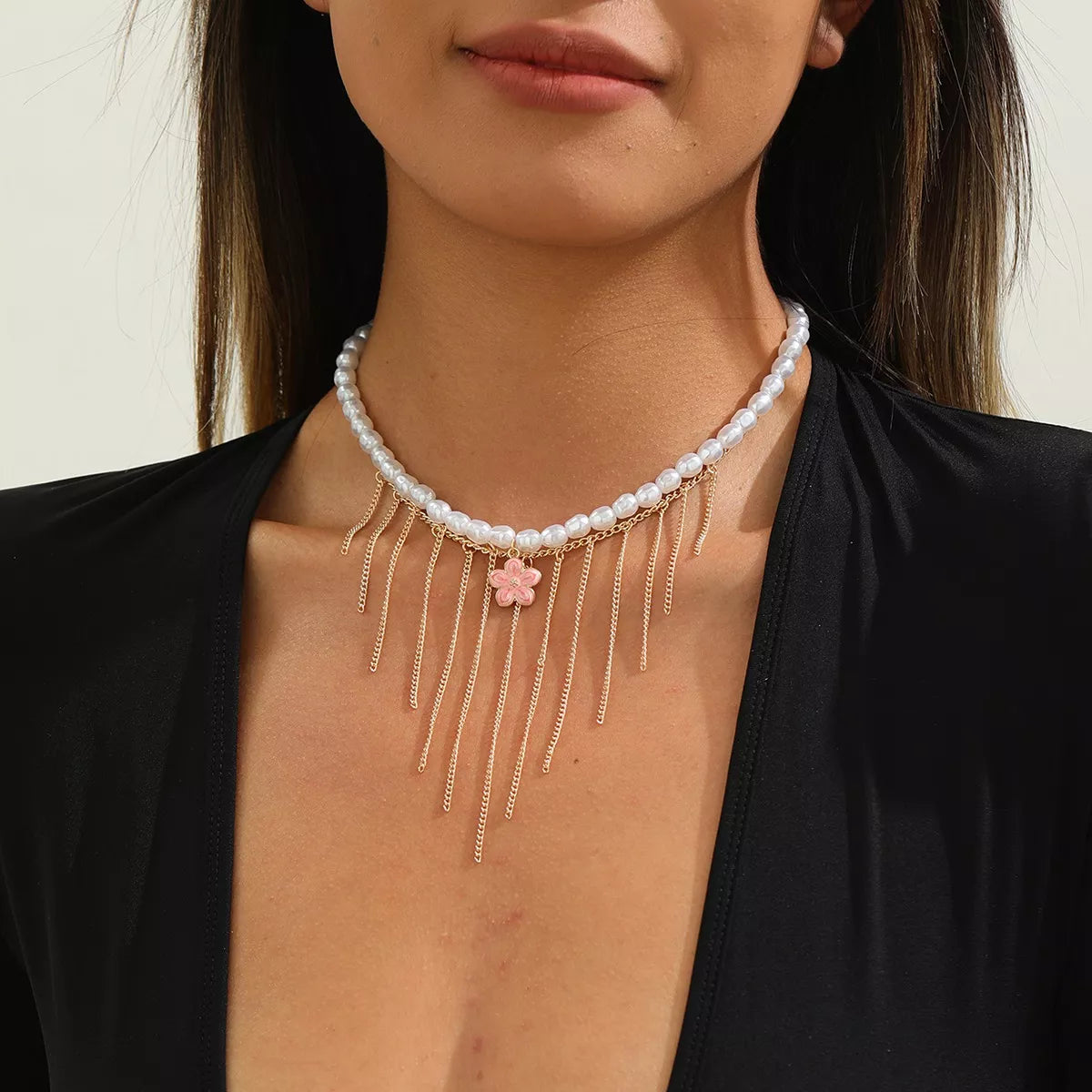Elegant Pearl Choker Necklace with Flower Charm and Tassel Dangles - Lilixa.store