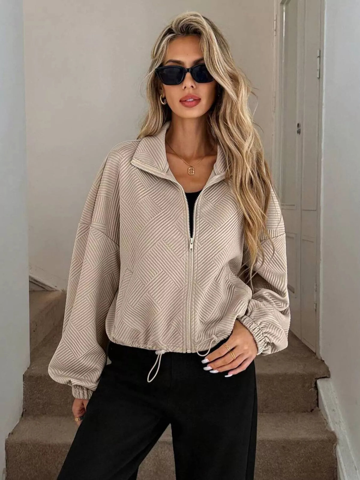 Drawstring Hem Textured Long Sleeve Jacket, view 2