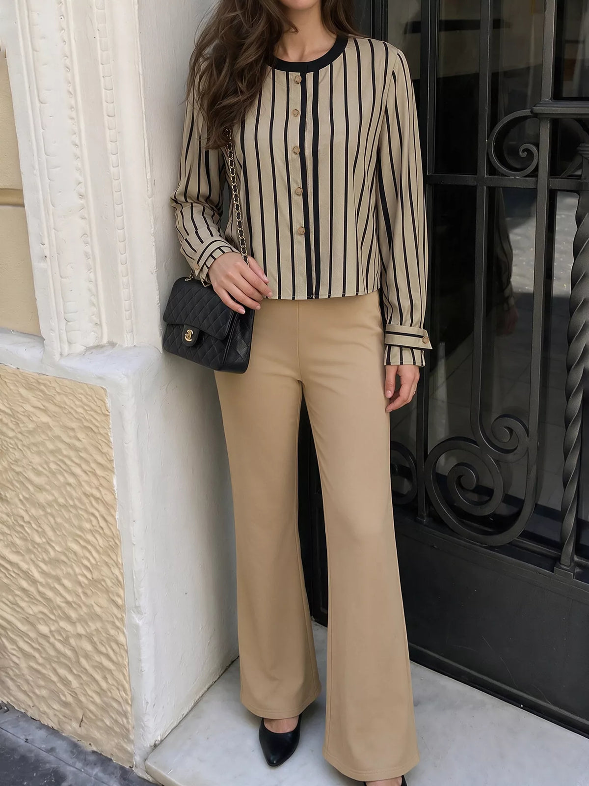 Striped Button-Down Shirt and High-Waisted Flare Pants Set in Khaki