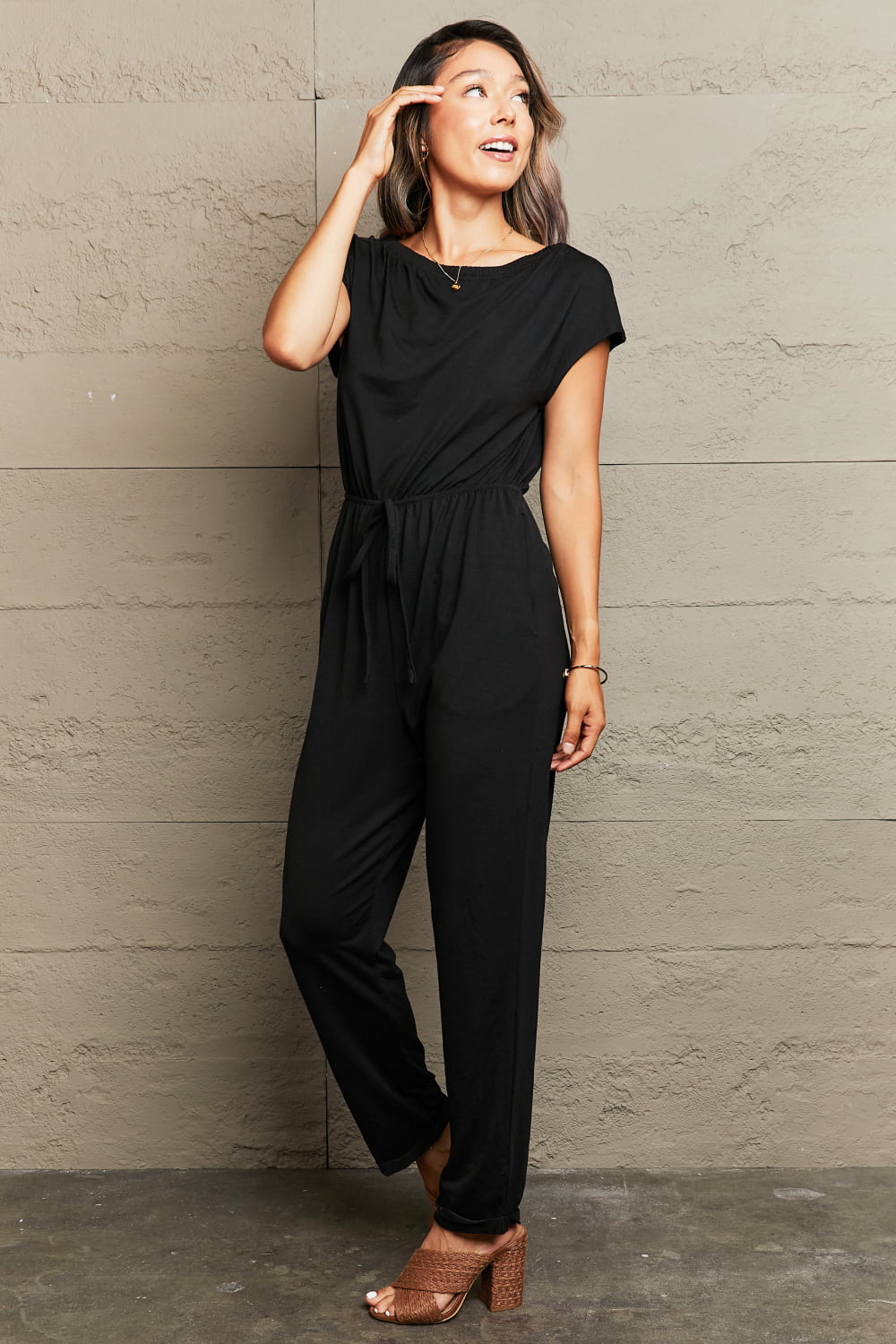 Perfee Boat Neck Short Sleeve Jumpsuit with Pockets in Black, view 3