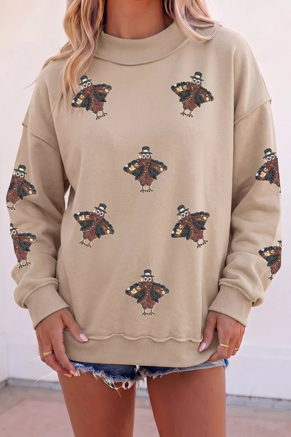 Sequin Turkey Mock Neck Exposed Seam Pullover Sweatshirt - Lilixa.store