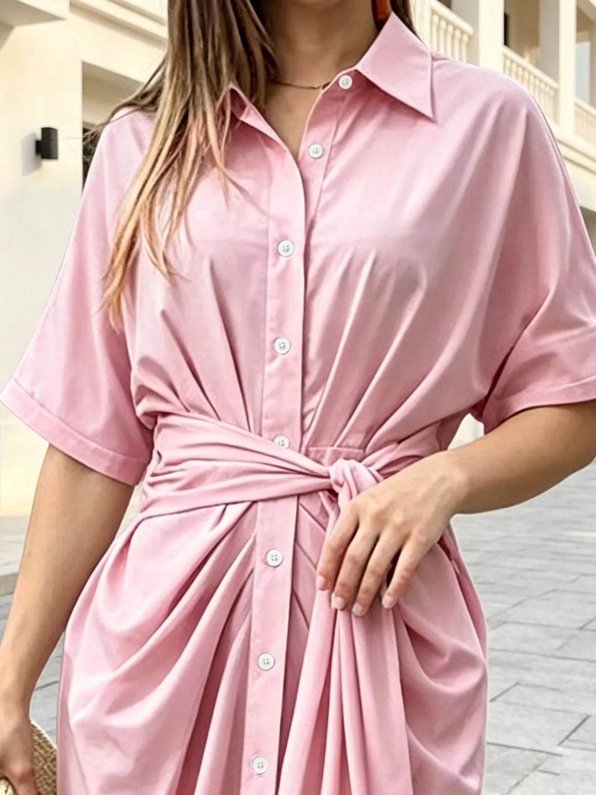 Button-Down Shirt Dress with Waist-Tie Detail - Lilixa.store