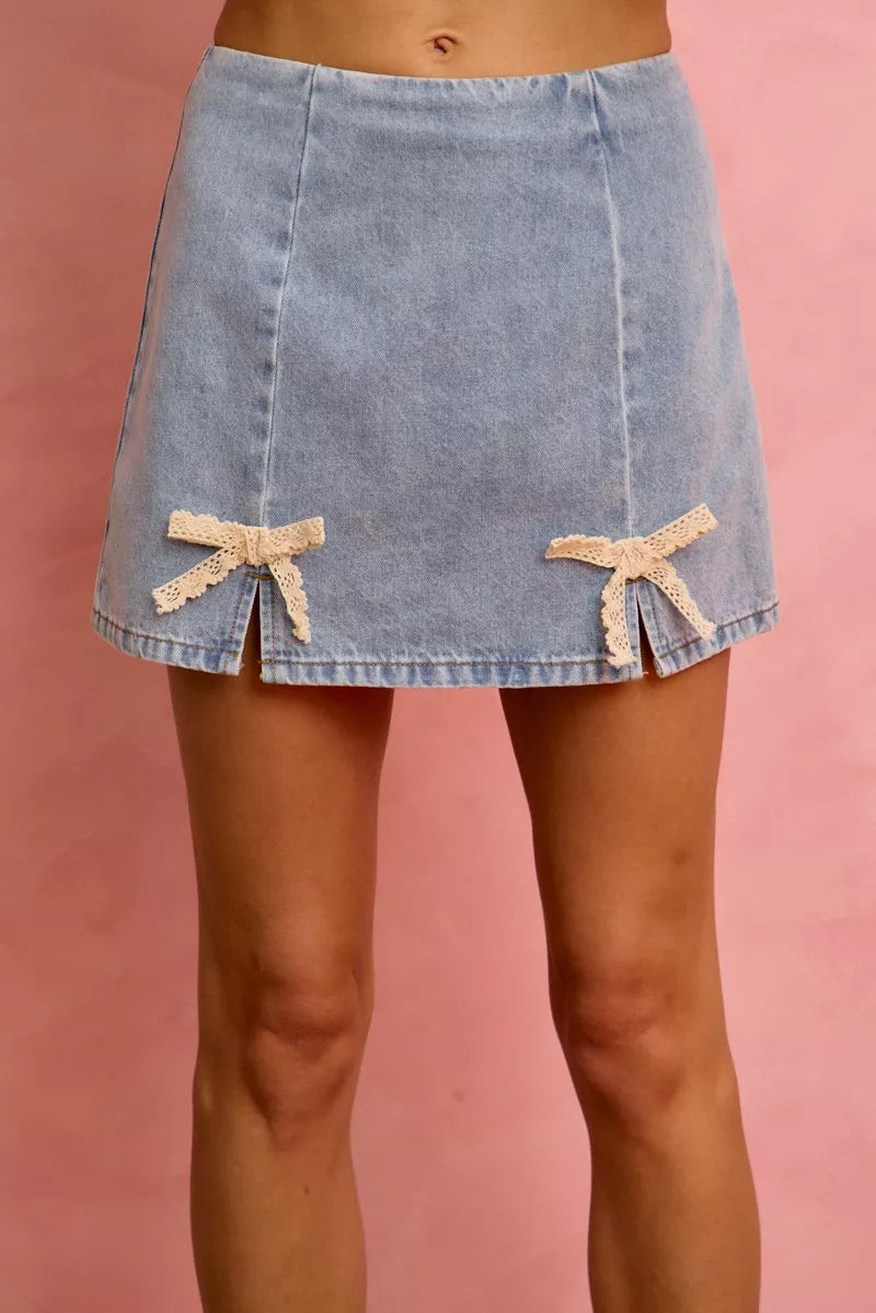 SO ME Lace Ribbon Trim Denim Mini Skirt - Lilixa.store