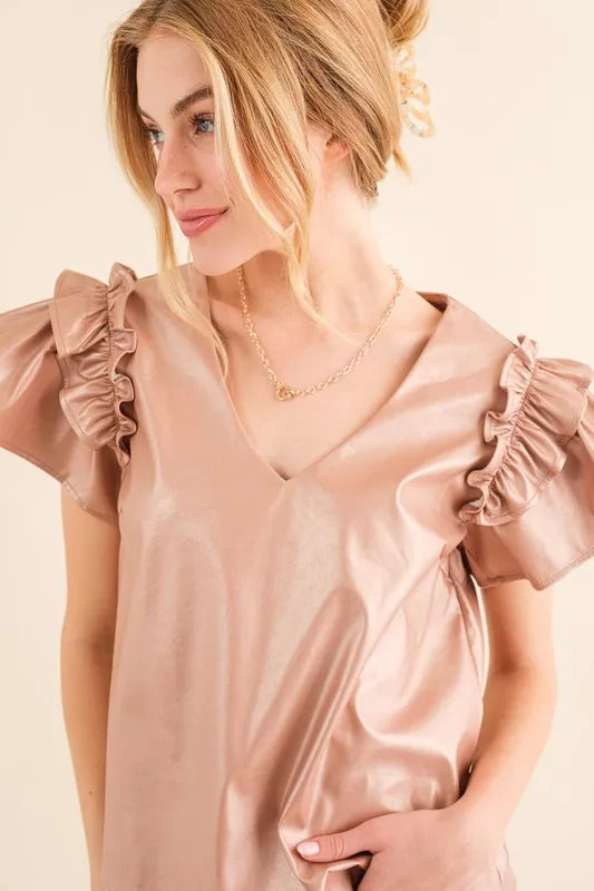 And The Why Faux Leather Ruffle Sleeves V Neck Top - Lilixa.store