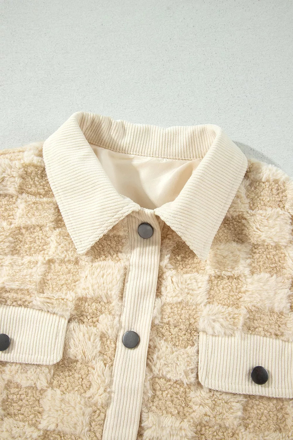 Plush Checkered Corduroy Trim Metal Button Long Sleeve Shift Silhouette Shacket - Lilixa.store