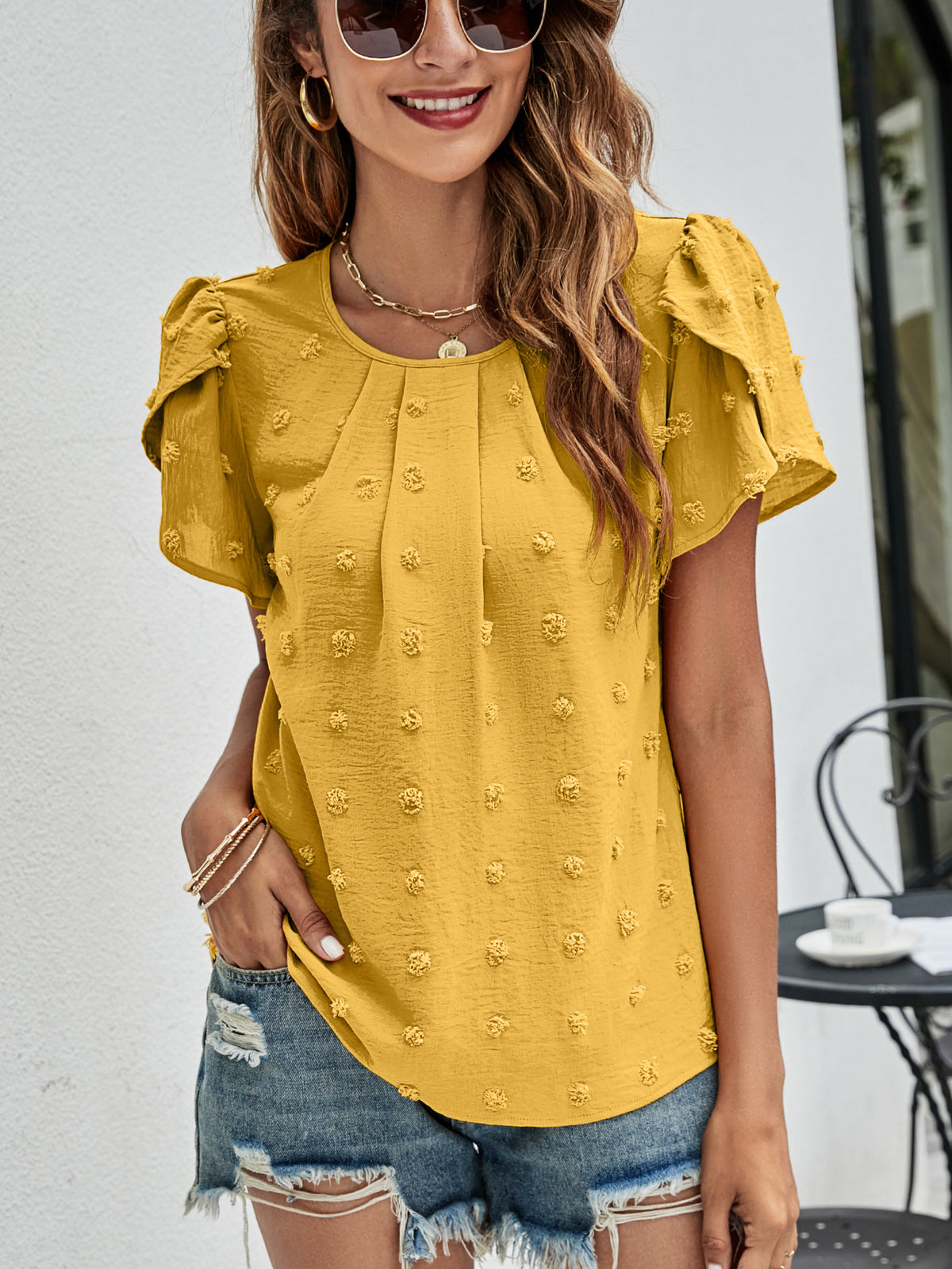 Swiss Dot Round Neck Petal Sleeve Top in Mustard