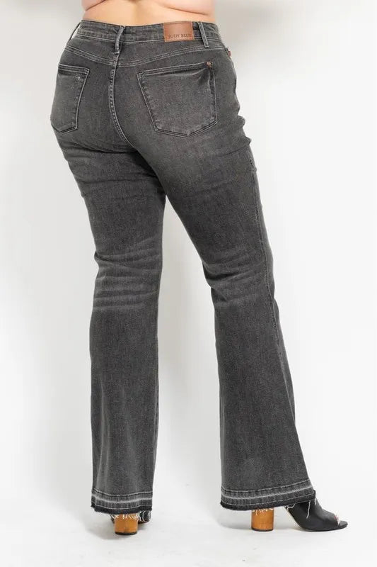 Judy Blue Full Size Mid Rise Tummy Control Washed Gray Release Hem Flare Jeans Plus Size - Lilixa.store