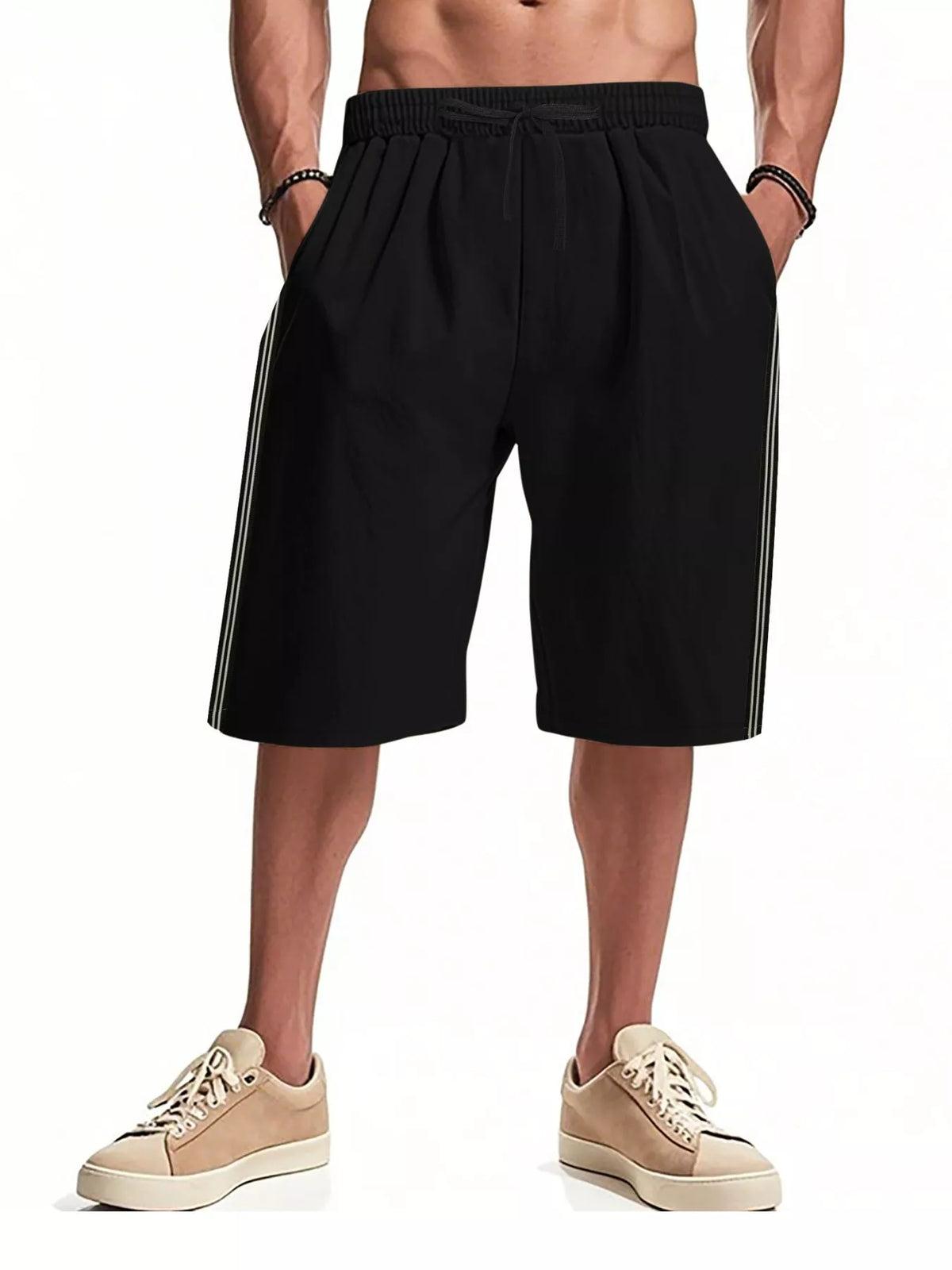 Men's Full Size Casual Striped Shorts Plus Size in Black