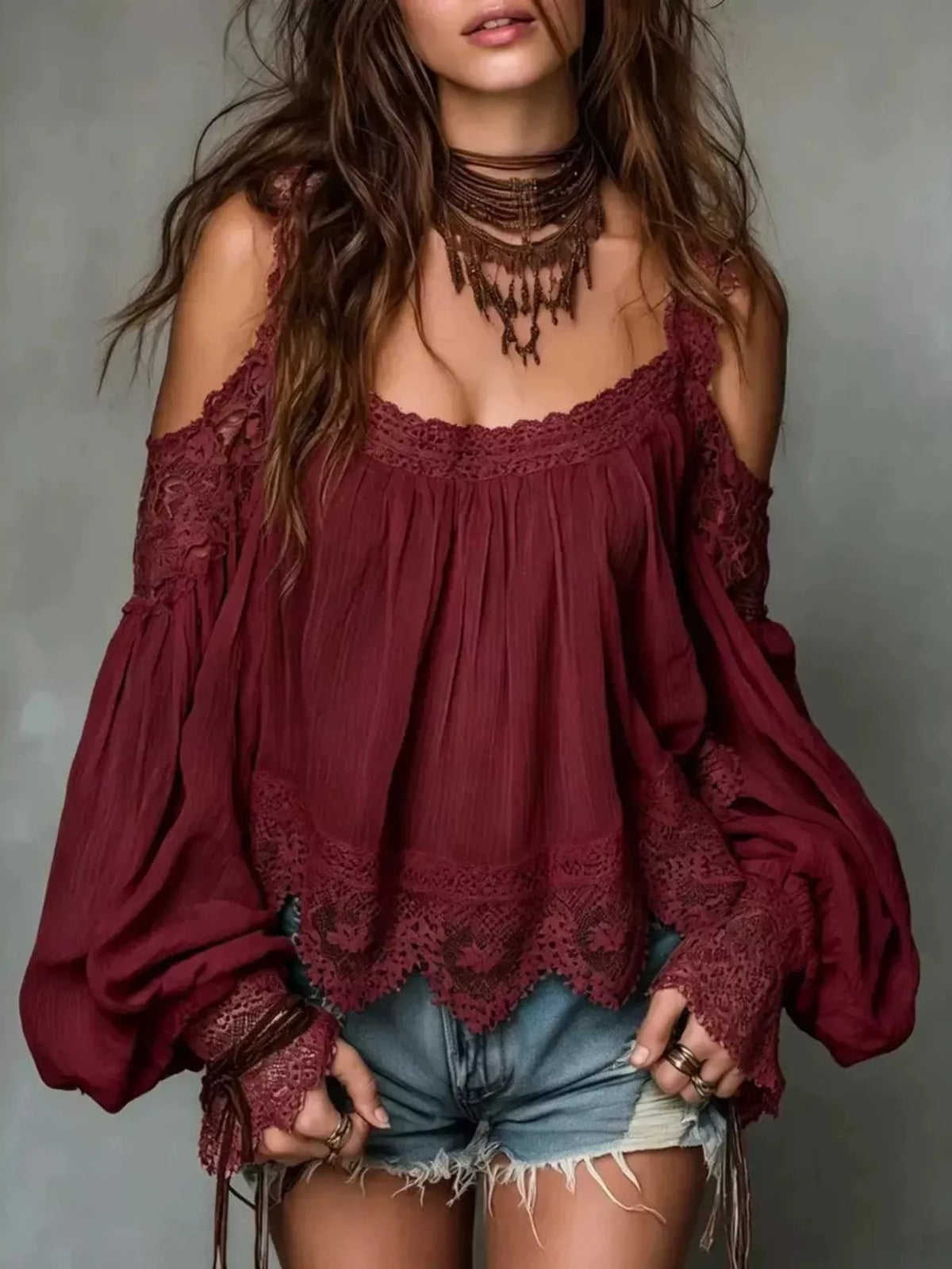 Lace Trim Cold Shoulder Blouse - Lilixa.store