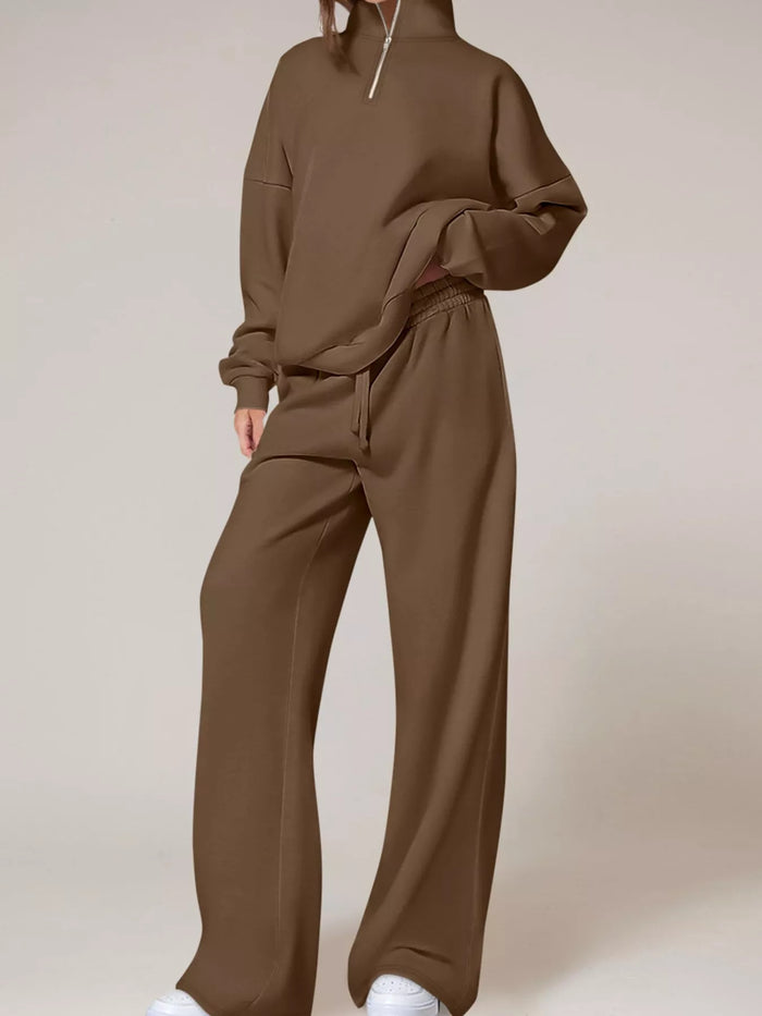 Half-Zip Sweatshirt and Wide-Leg Sweatpants Set in Dark Brown