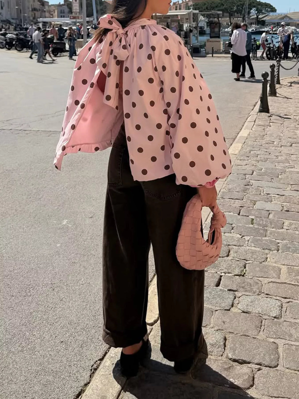 Polka Dot Open-Back Tied Blouse - Lilixa.store