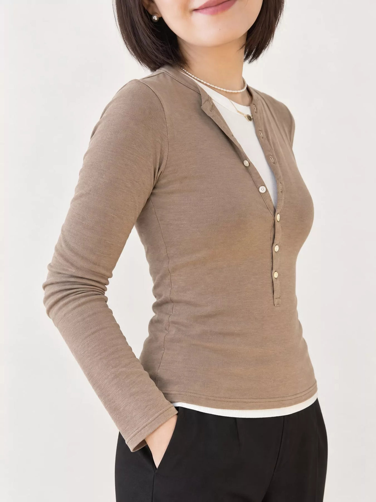 Slim-Fit Button-Down Long Sleeve Knit Top, view 7