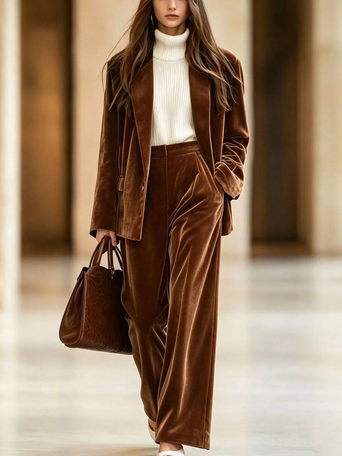 Velvet Blazer and Wide-Leg Pants Two-Piece Set - Lilixa.store