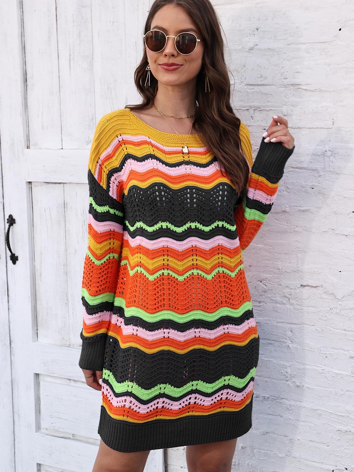 Openwork Round Neck Sweater Dress in Black