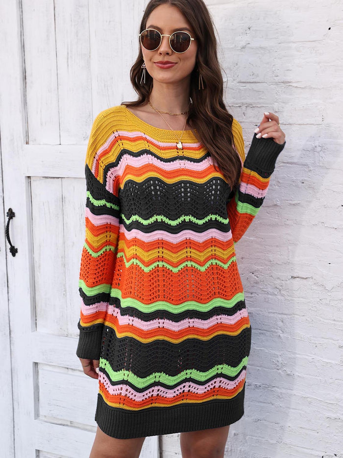 Openwork Round Neck Sweater Dress in Black
