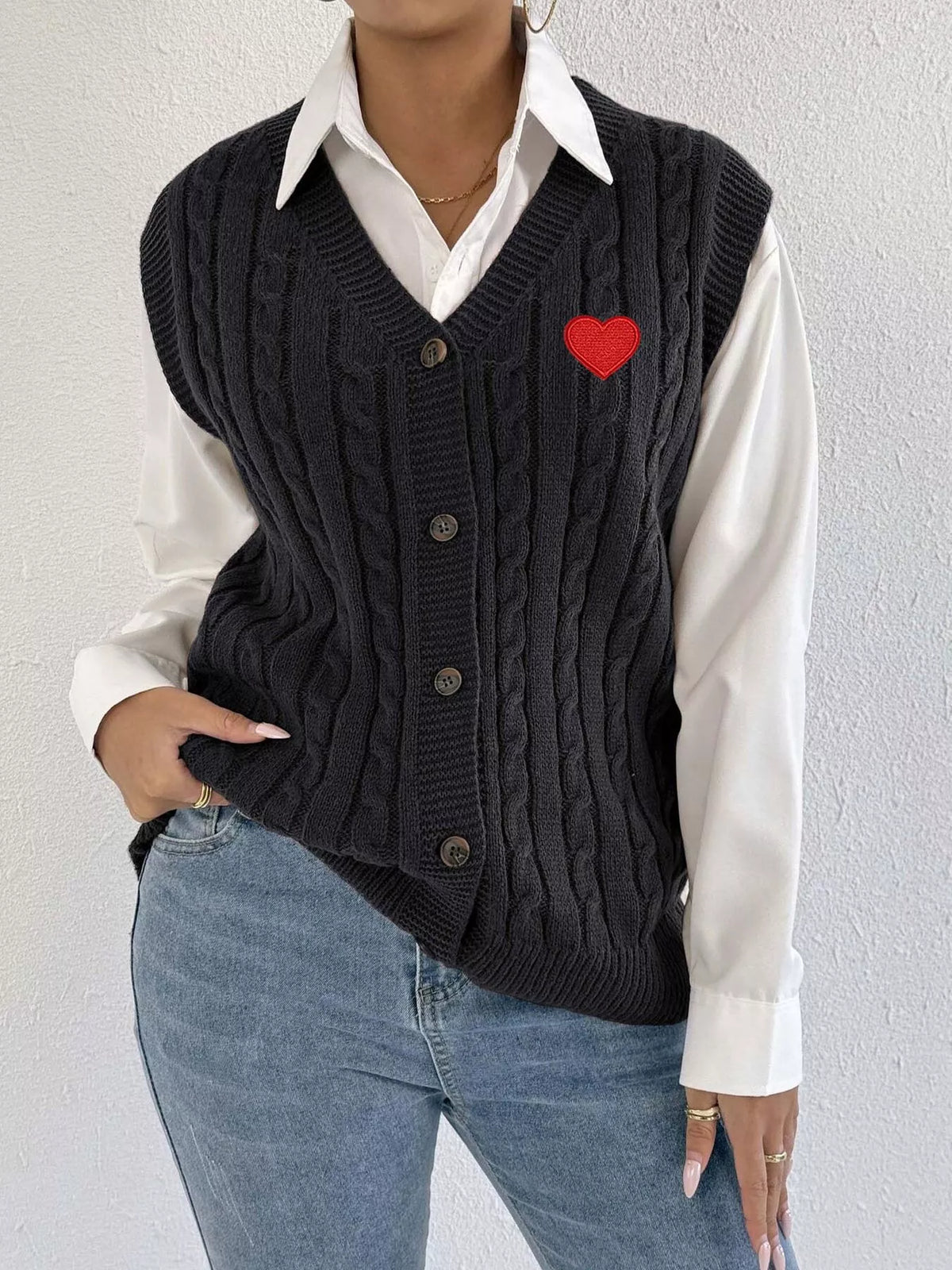 V-Neck Cable Knit Button-Down Sweater Vest with Heart Embroidery