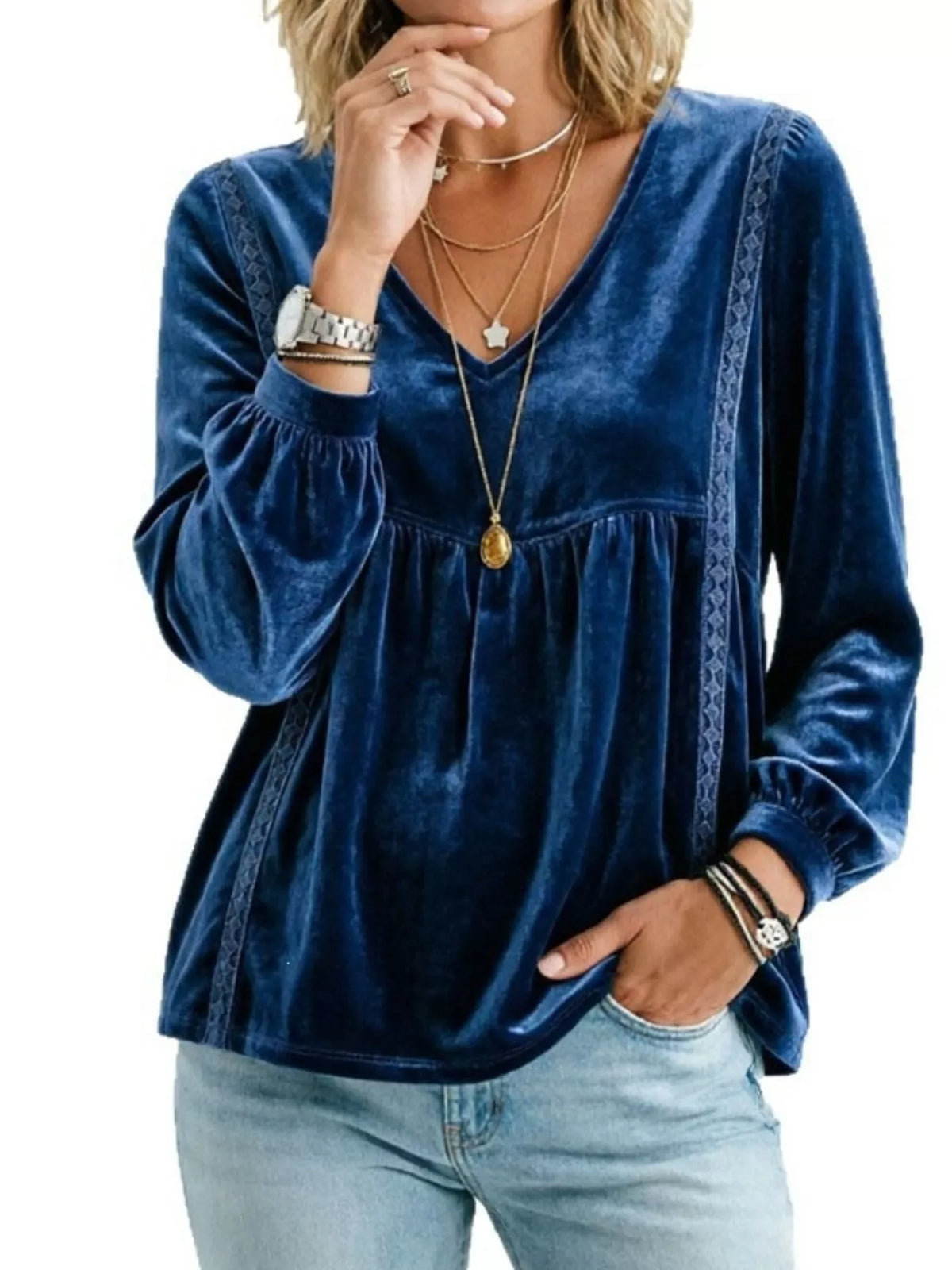 Full Size V-Neck Long Sleeve Velvet Blouse with Lace Trim Plus Size - Lilixa.store