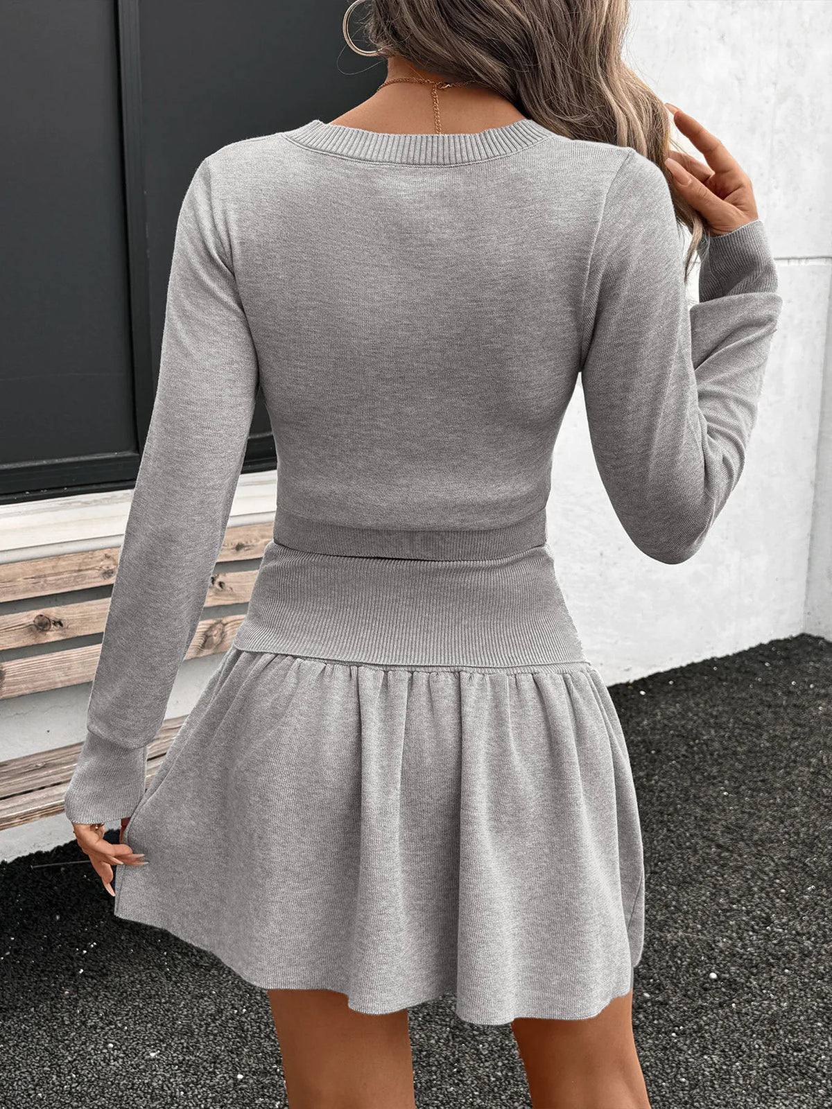 Ribbed Long Sleeve Top and Skirt Knit Set - Lilixa.store