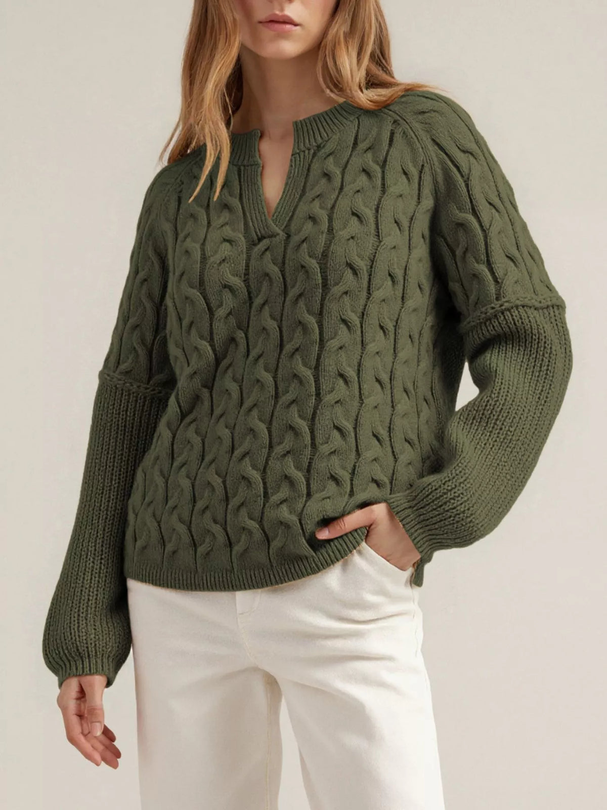 Cable-Knit Dropped Shoulder Sweater - Lilixa.store